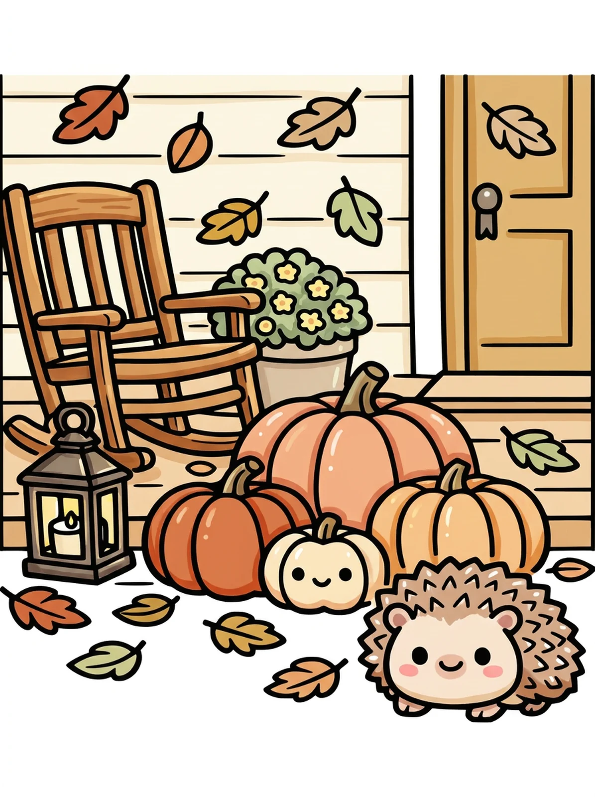 Autumn Porch with Pumpkins coloring page, colored in