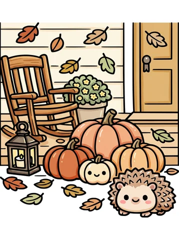 Autumn Porch with Pumpkins coloring page, colored in