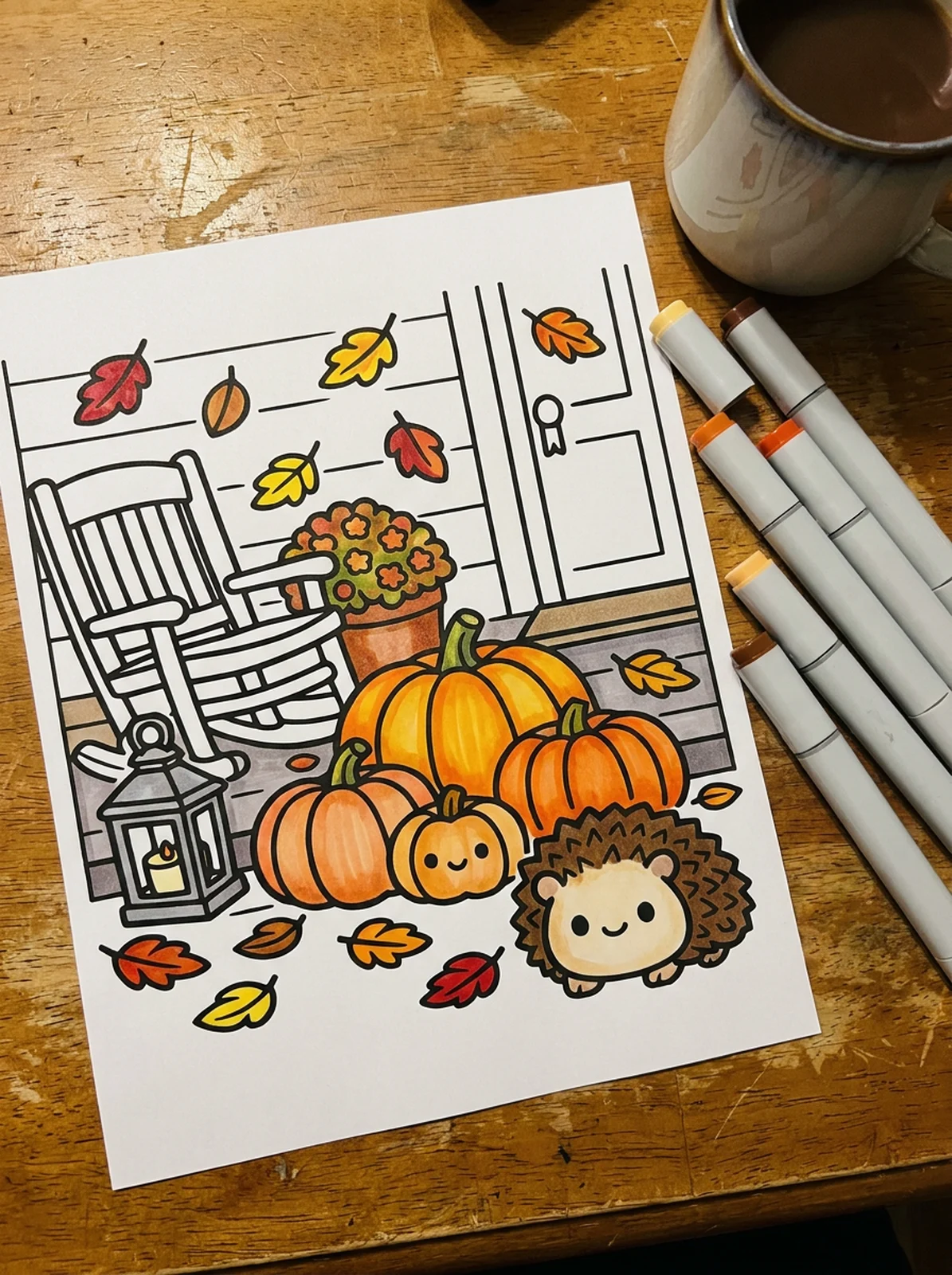 Autumn Porch with Pumpkins coloring page printed and half colored with markers