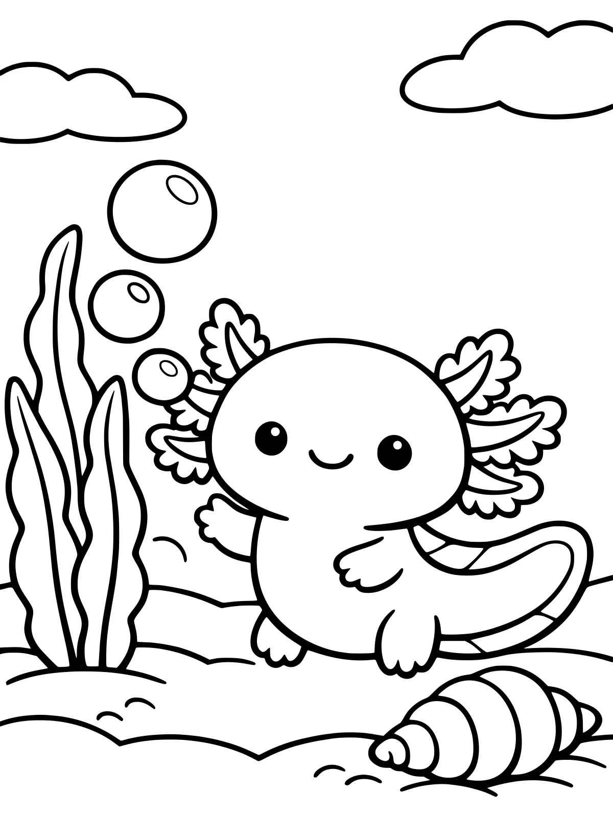 Axolotl Blowing Bubbles coloring page: a smiling axolotl with frilly gills blows big bubbles, beside a tall seaweed and a shell on the sand, bold and easy line art