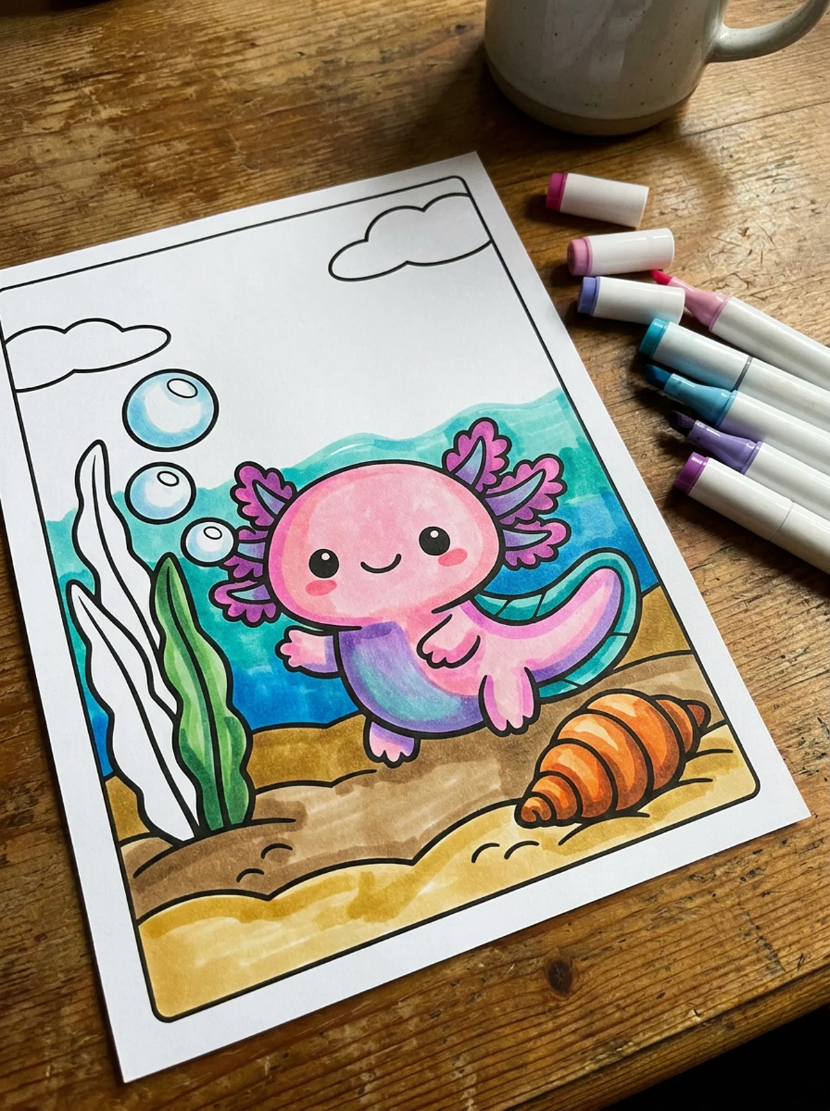 Axolotl Blowing Bubbles coloring page printed and half colored with markers
