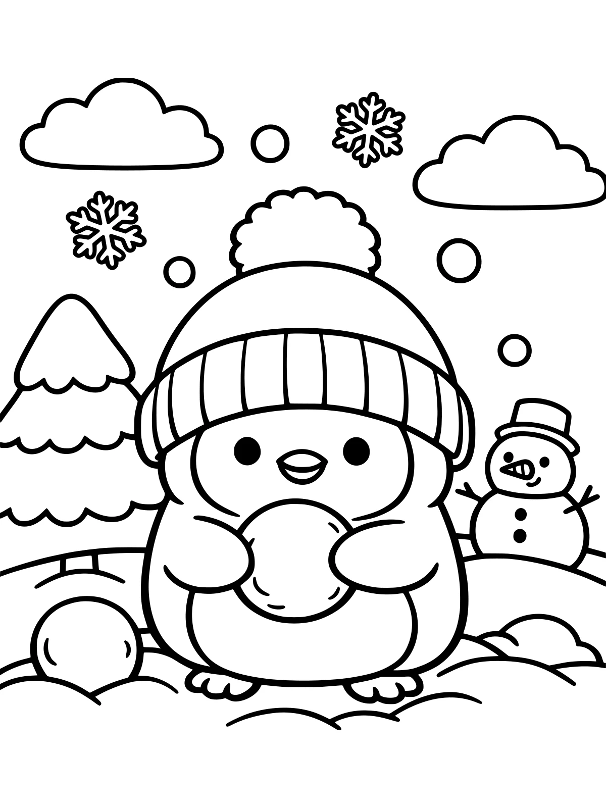 Baby Penguin in a Beanie coloring page: a chubby baby penguin in a big pom-pom beanie holds a snowball on a soft snowdrift, with a little snowman in a top hat and a pine tree behind, bold and easy line art
