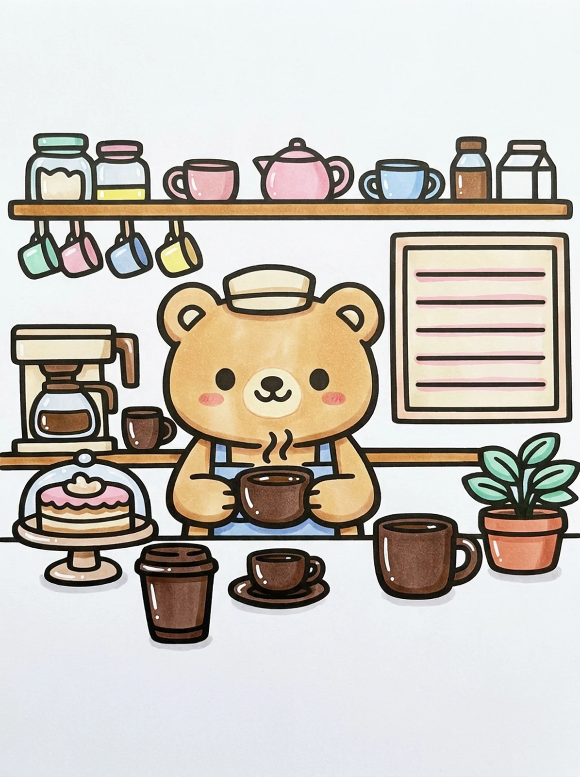 Bear Barista in a Tiny Cafe coloring page, colored in