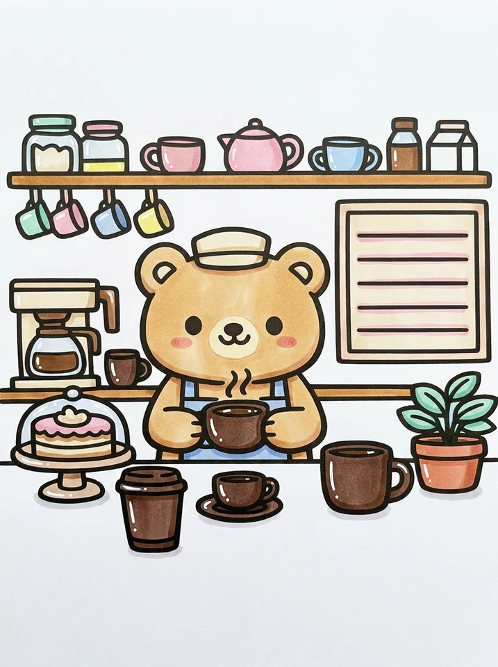 Bear Barista in a Tiny Cafe coloring page, colored in
