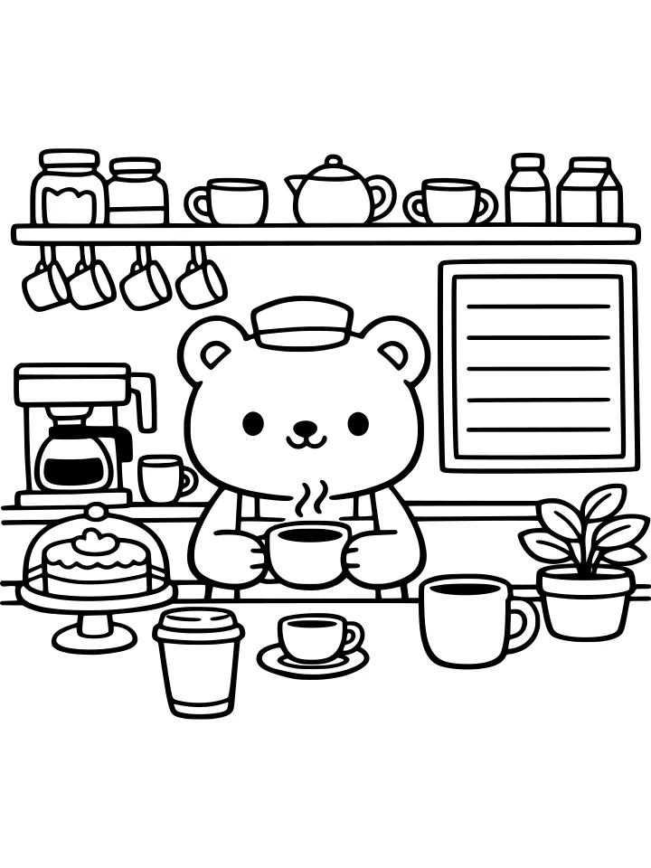Bear Barista in a Tiny Cafe coloring page