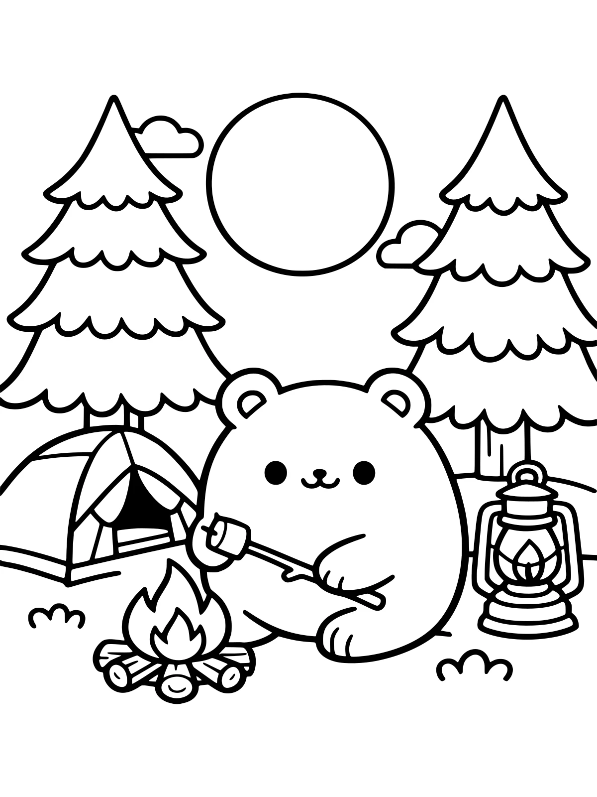 Bear Camping by a Tent coloring page: a round bear toasts a marshmallow over a small campfire beside a tent and a lantern, with pine trees and a big moon, bold and easy line art