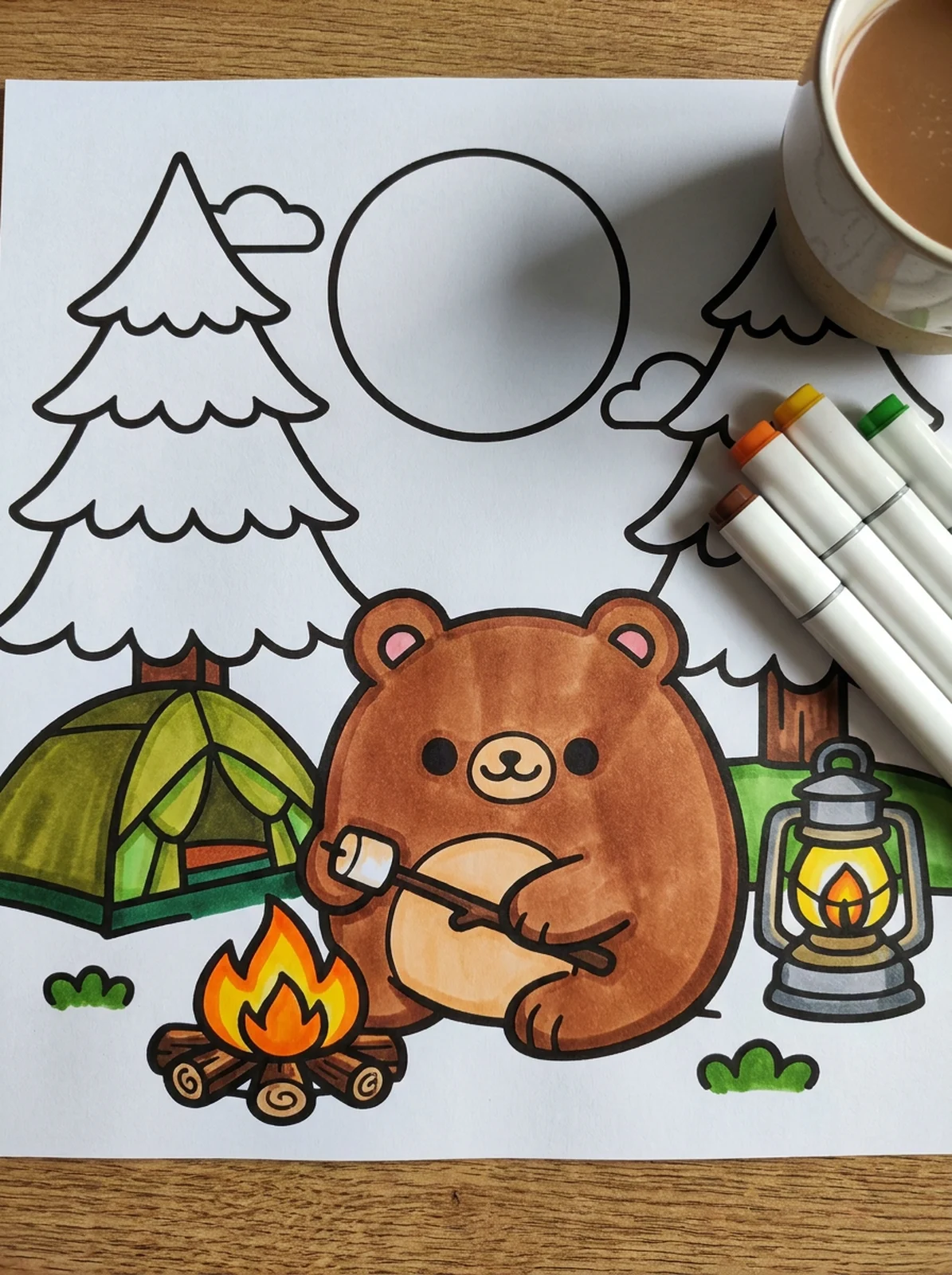 Bear Camping by a Tent coloring page printed and half colored with markers