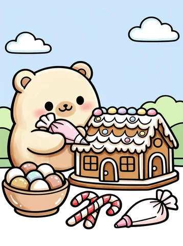 Bear Decorating a Gingerbread House coloring page, colored in