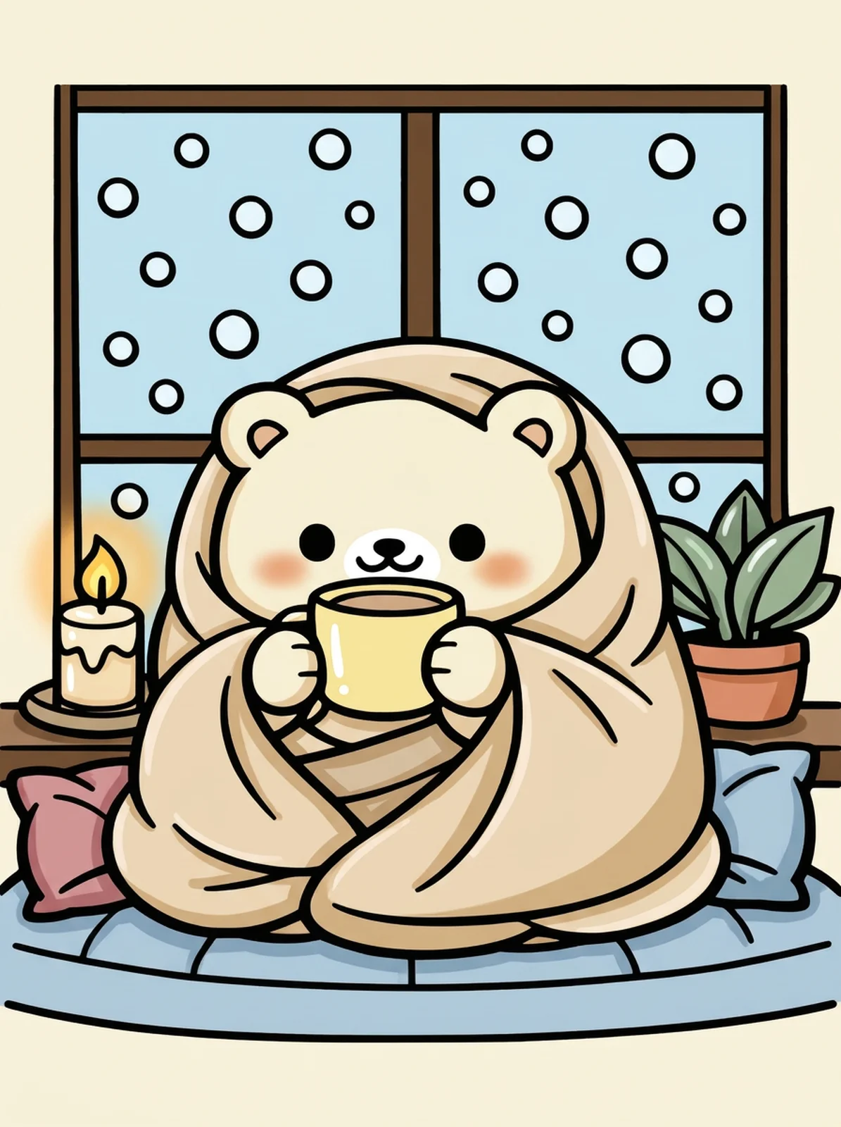Bear Drinking Hot Cocoa by the Window coloring page, colored in