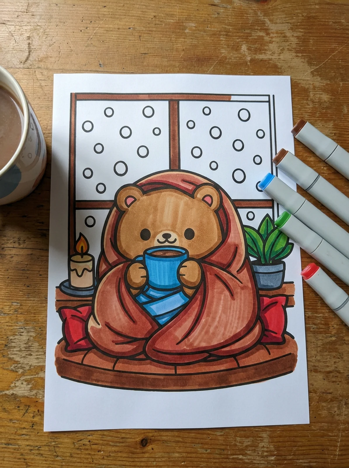 Bear Drinking Hot Cocoa by the Window coloring page printed and half colored with markers