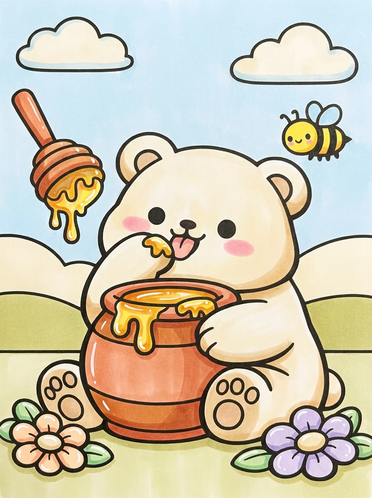 Bear Eating Honey from a Jar coloring page, colored in