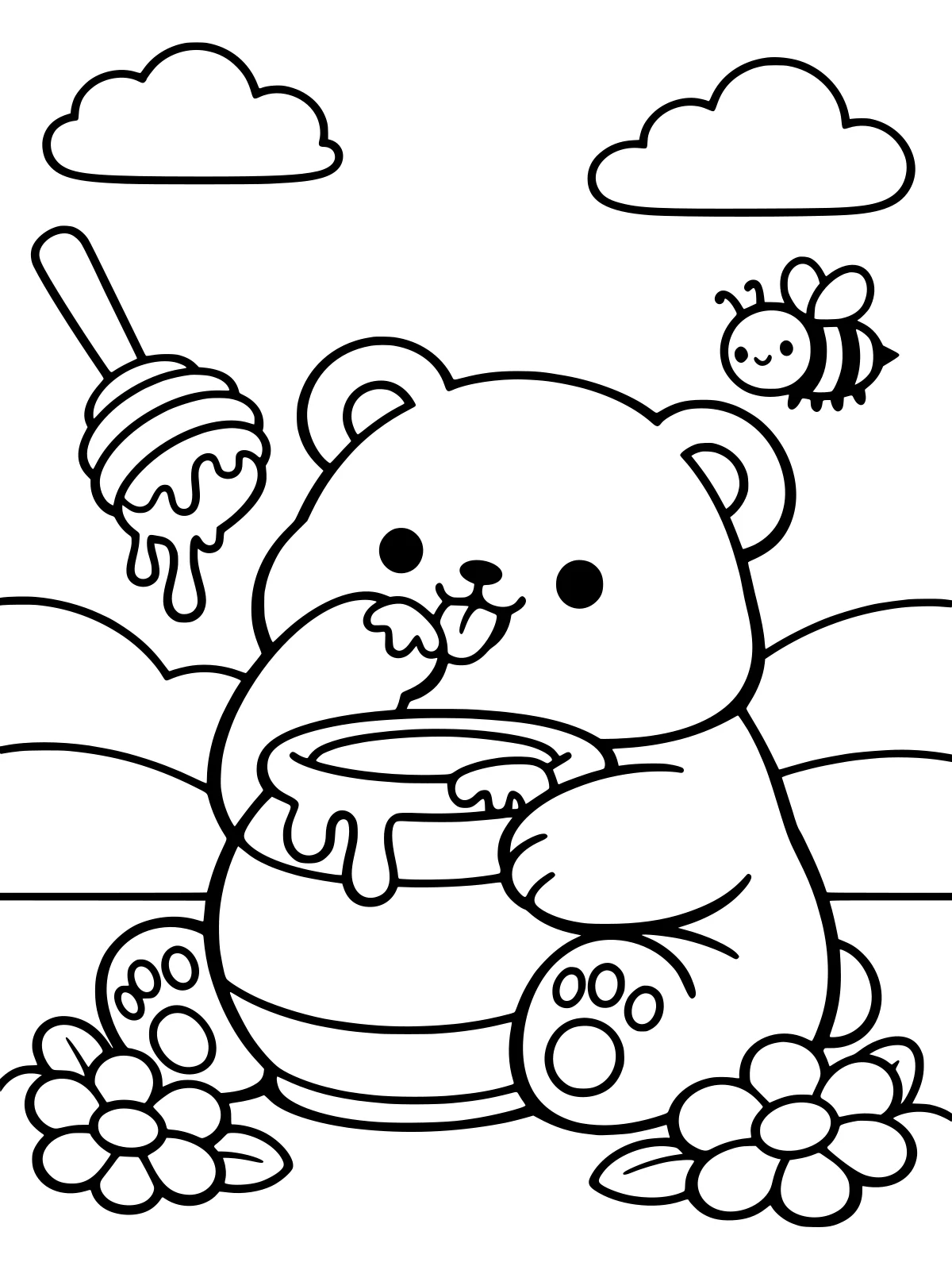 Bear Eating Honey from a Jar coloring page: a chubby bear hugs a big jar of honey and licks its paw, with a dripping honey dipper and one little bee, bold and easy line art