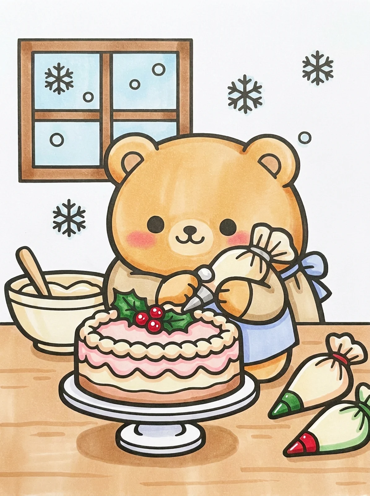 Bear Frosting a Christmas Cake coloring page, colored in