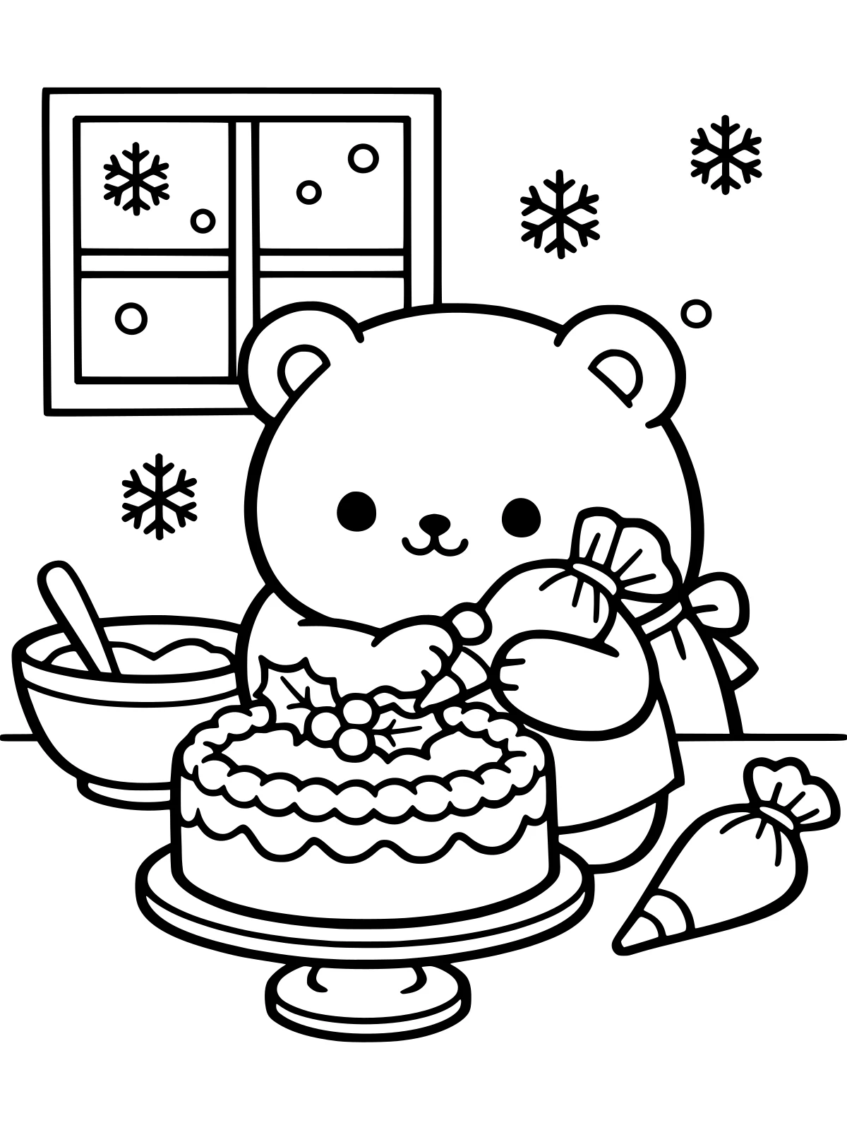 Bear Frosting a Christmas Cake coloring page: a round bear in an apron frosts a big christmas layer cake topped with holly, with a piping bag, a mixing bowl and a snowy window, bold and easy line art