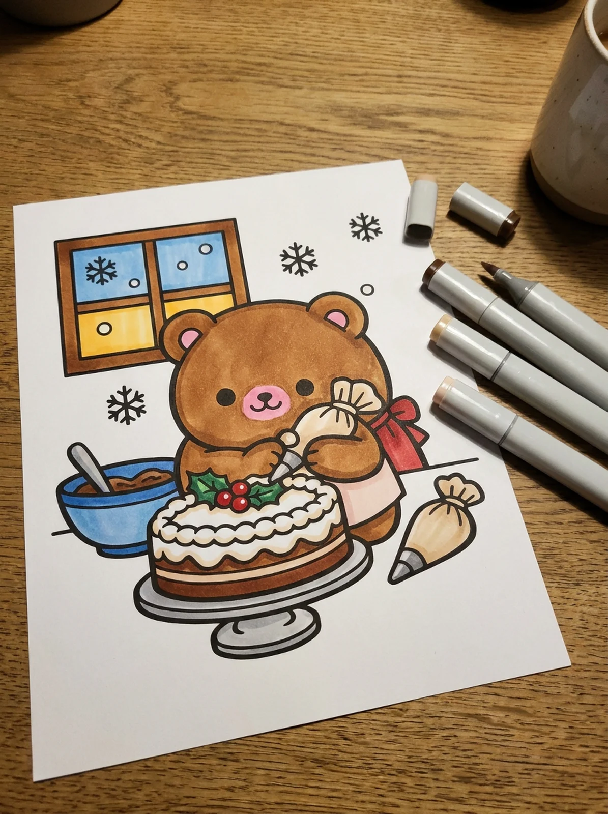 Bear Frosting a Christmas Cake coloring page printed and half colored with markers