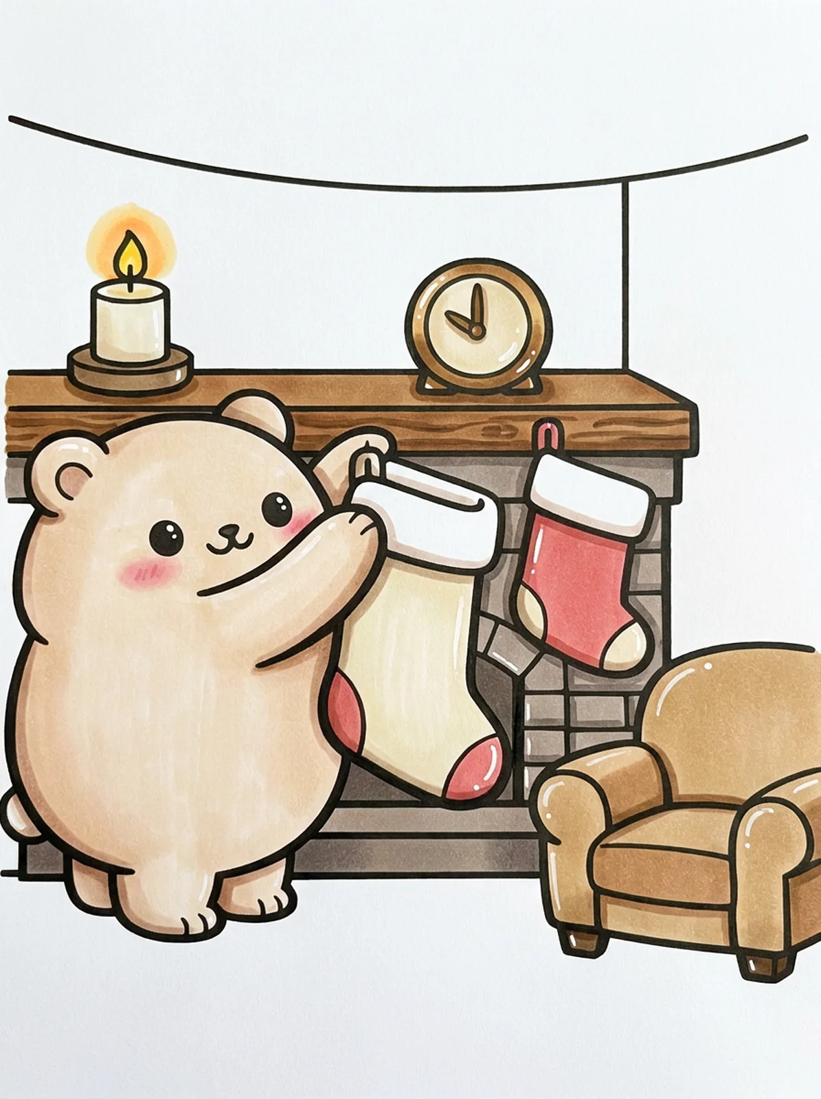 Bear Hanging a Christmas Stocking coloring page, colored in