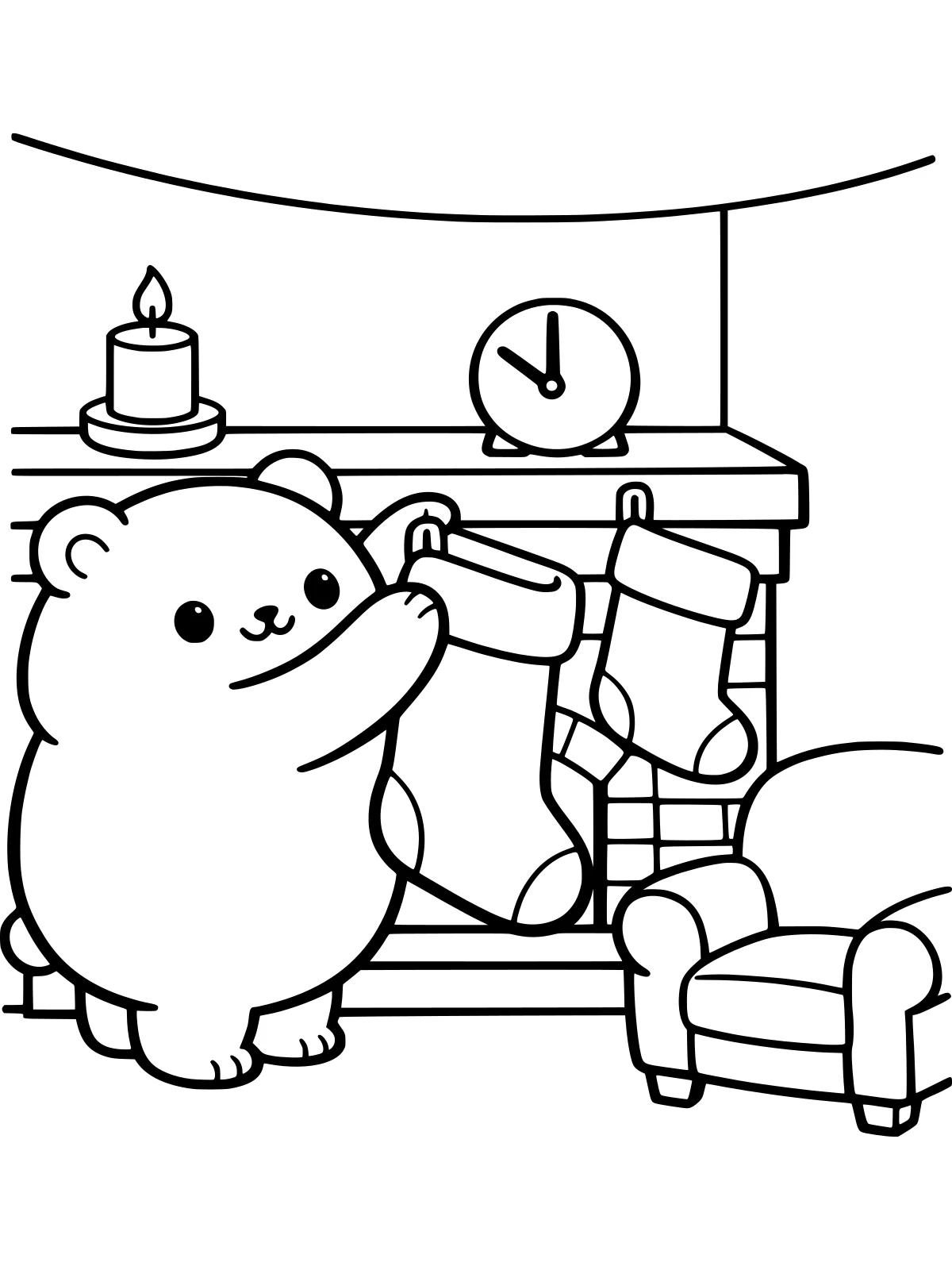 Bear Hanging a Christmas Stocking coloring page: a round bear hangs a big stocking on the fireplace mantel next to a second one, with a candle, a little clock and an armchair, bold and easy line art