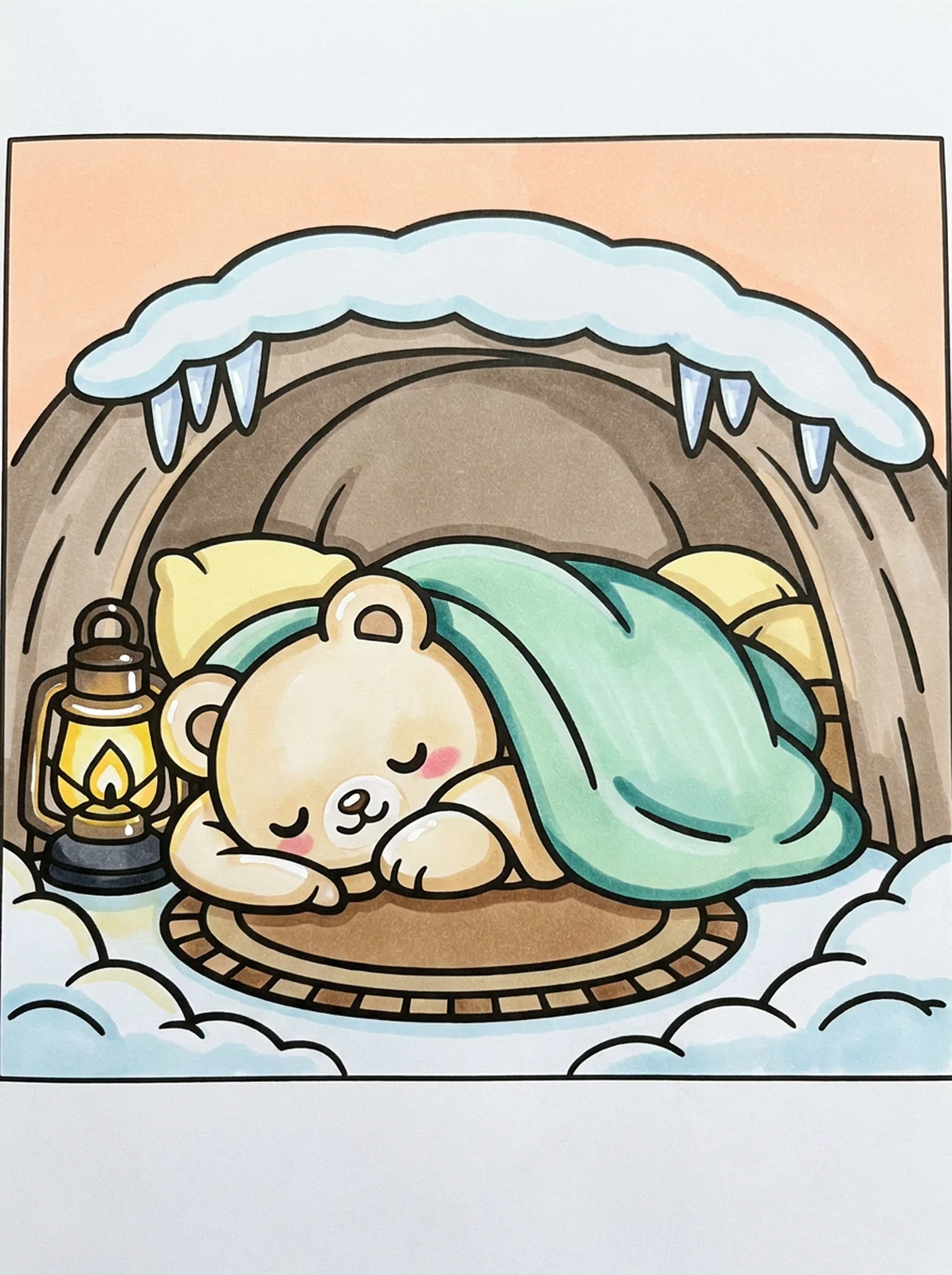 Bear Hibernating in a Cozy Den coloring page, colored in