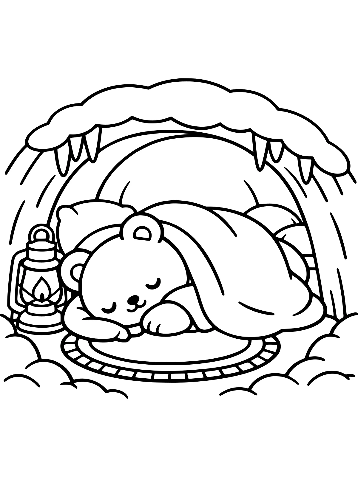 Bear Hibernating in a Cozy Den coloring page: a sleepy bear snuggles under a blanket inside a round cozy den with a pillow, a lantern and snow at the entrance, bold and easy line art