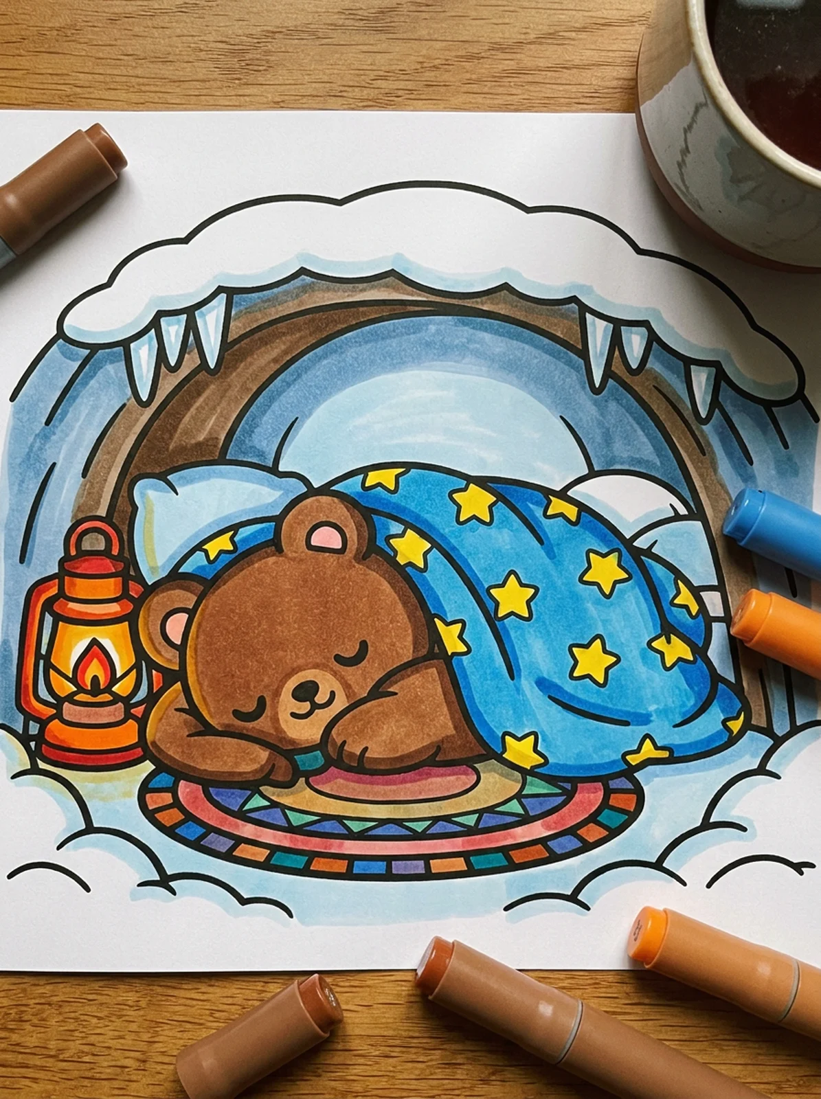 Bear Hibernating in a Cozy Den coloring page printed and half colored with markers