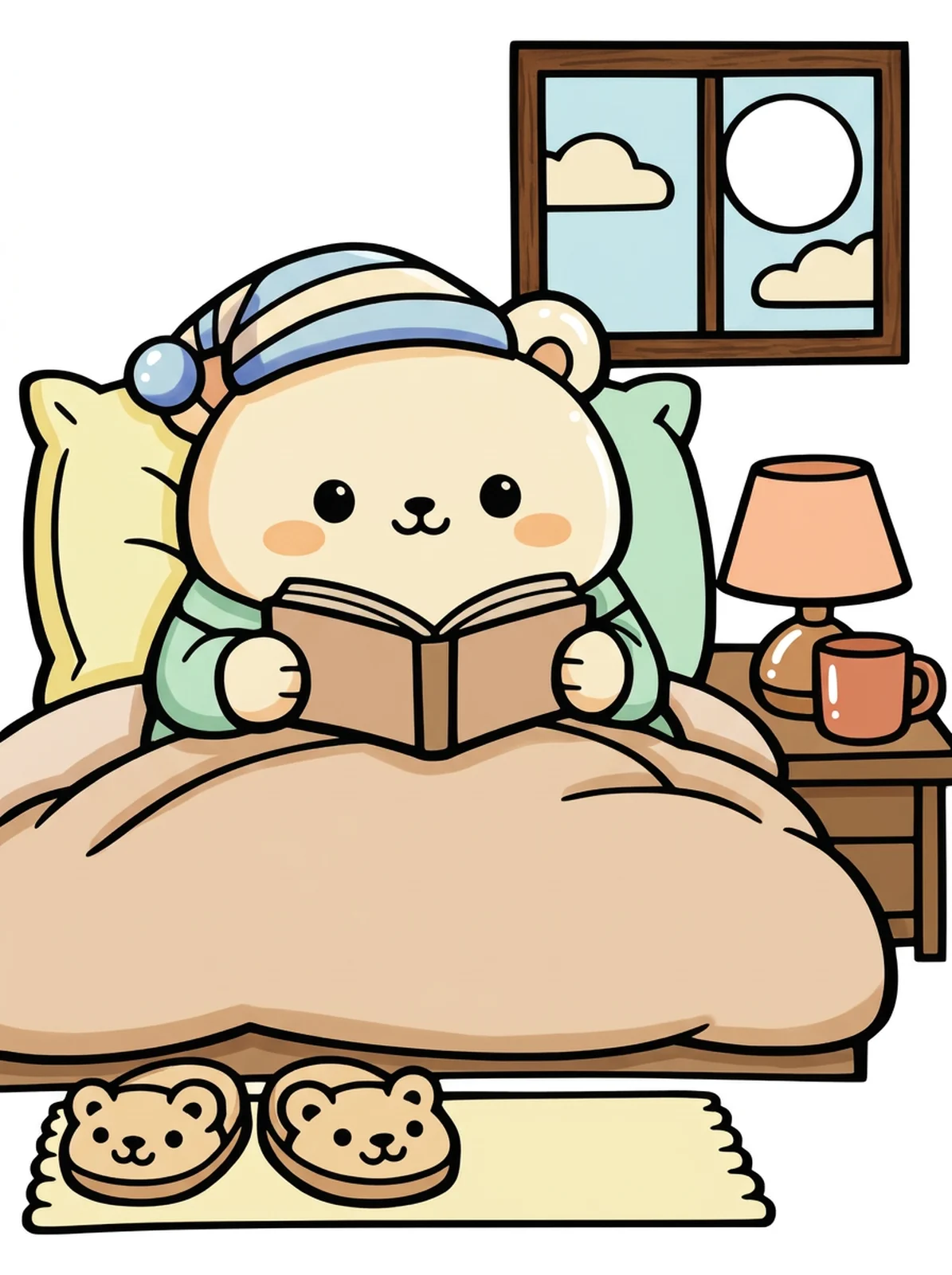Bear Reading in Bed coloring page, colored in