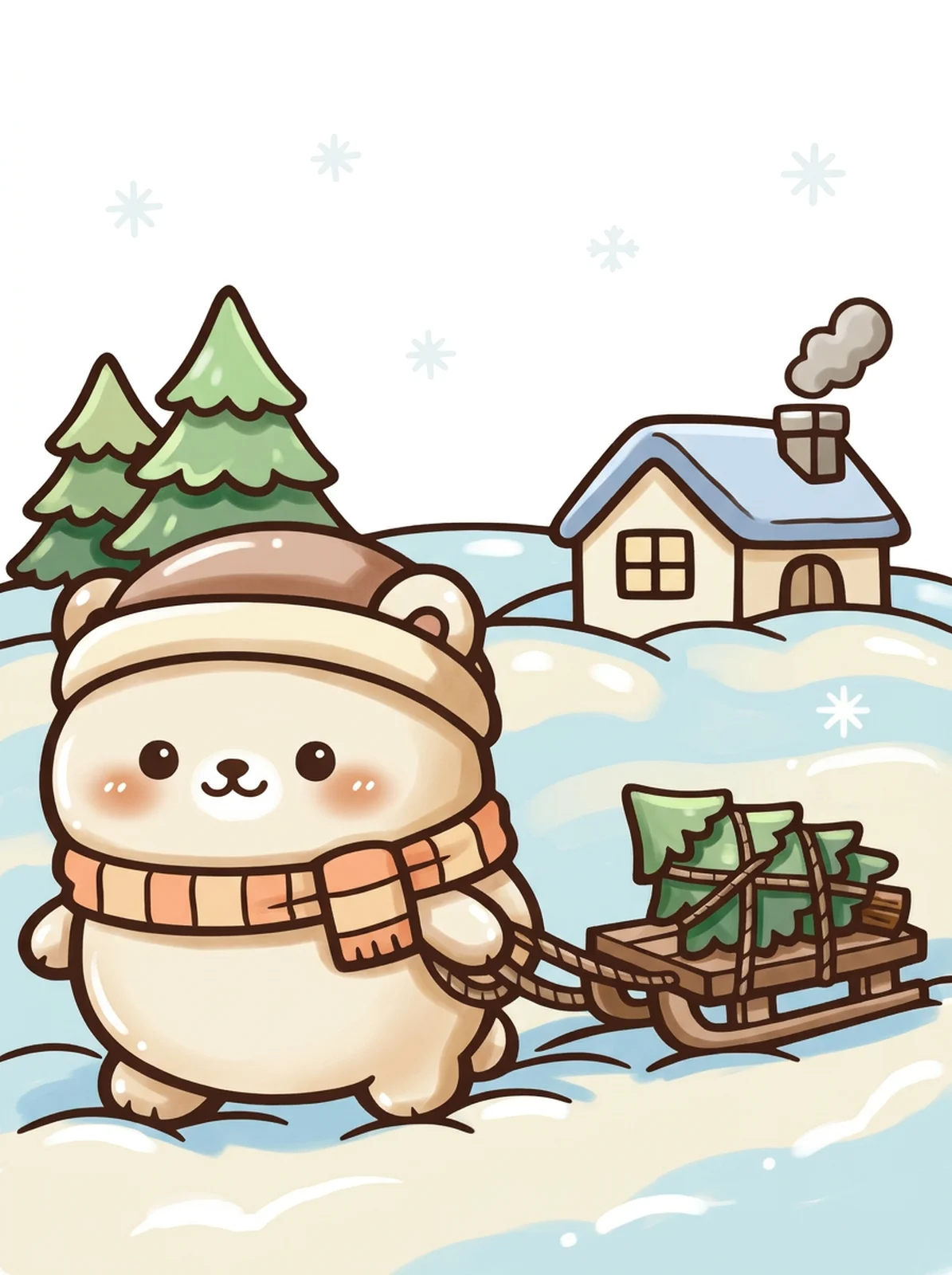 Bear Sledding a Christmas Tree Home coloring page, colored in