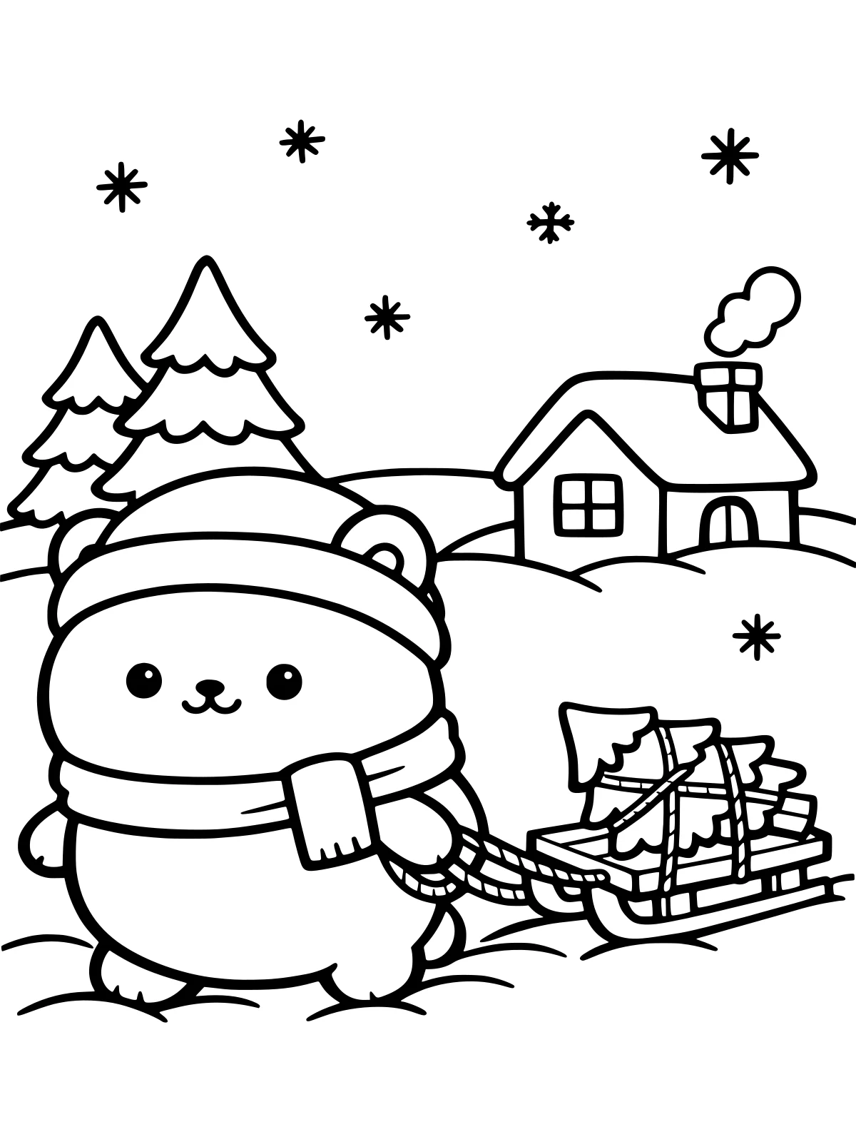 Bear Sledding a Christmas Tree Home coloring page: a round bear in a hat pulls a sled carrying a fresh christmas tree through the snow toward a little cottage with a smoking chimney, bold and easy line art