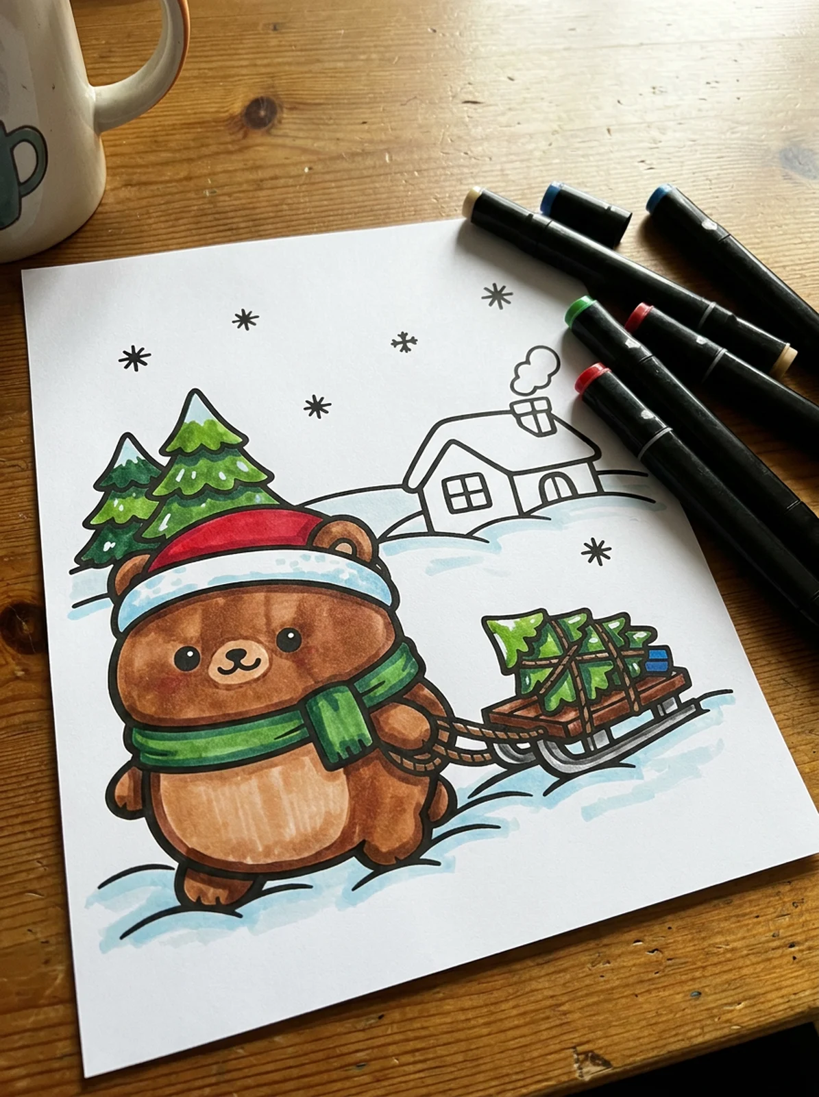 Bear Sledding a Christmas Tree Home coloring page printed and half colored with markers