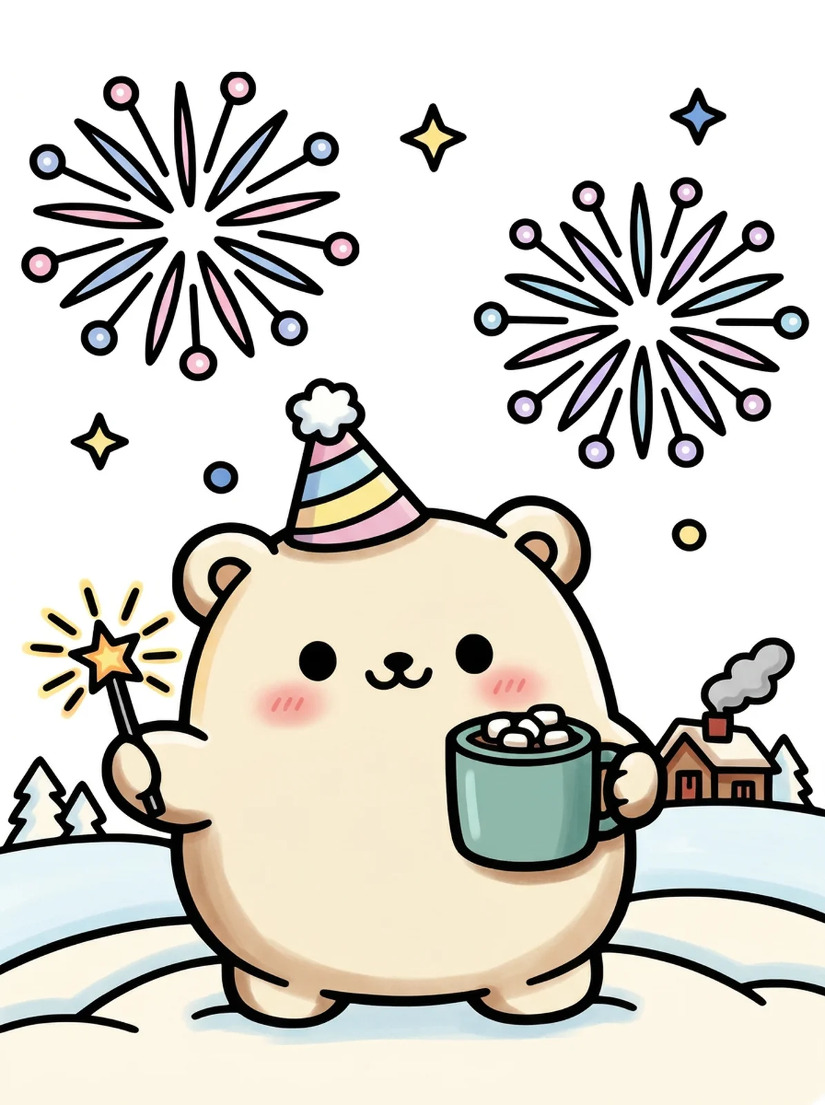 Bear Celebrating New Year with a Sparkler coloring page, colored in