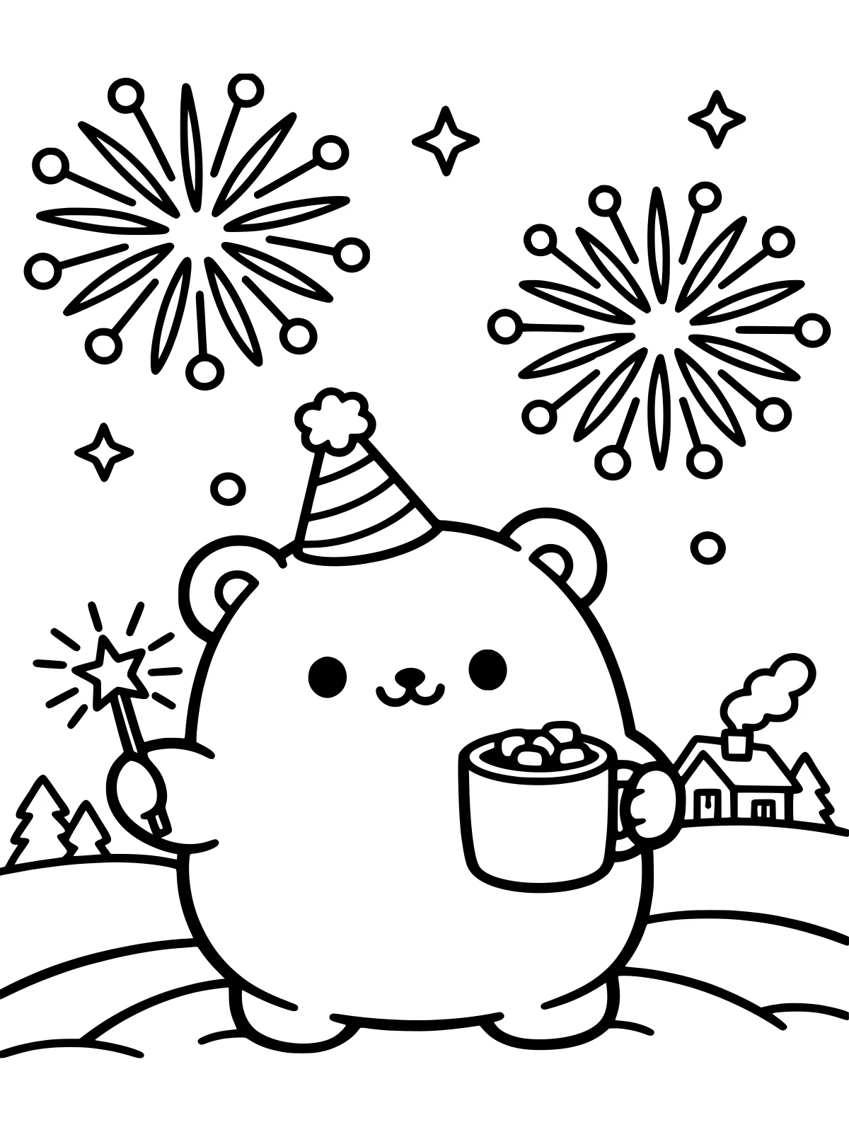 Bear Celebrating New Year with a Sparkler coloring page: a bear in a party hat holds a sparkler and a mug of cocoa on a snowy hill, with two big fireworks in the sky, bold and easy line art