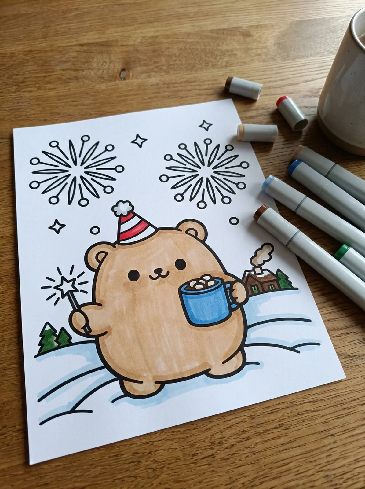 Bear Celebrating New Year with a Sparkler coloring page printed and half colored with markers