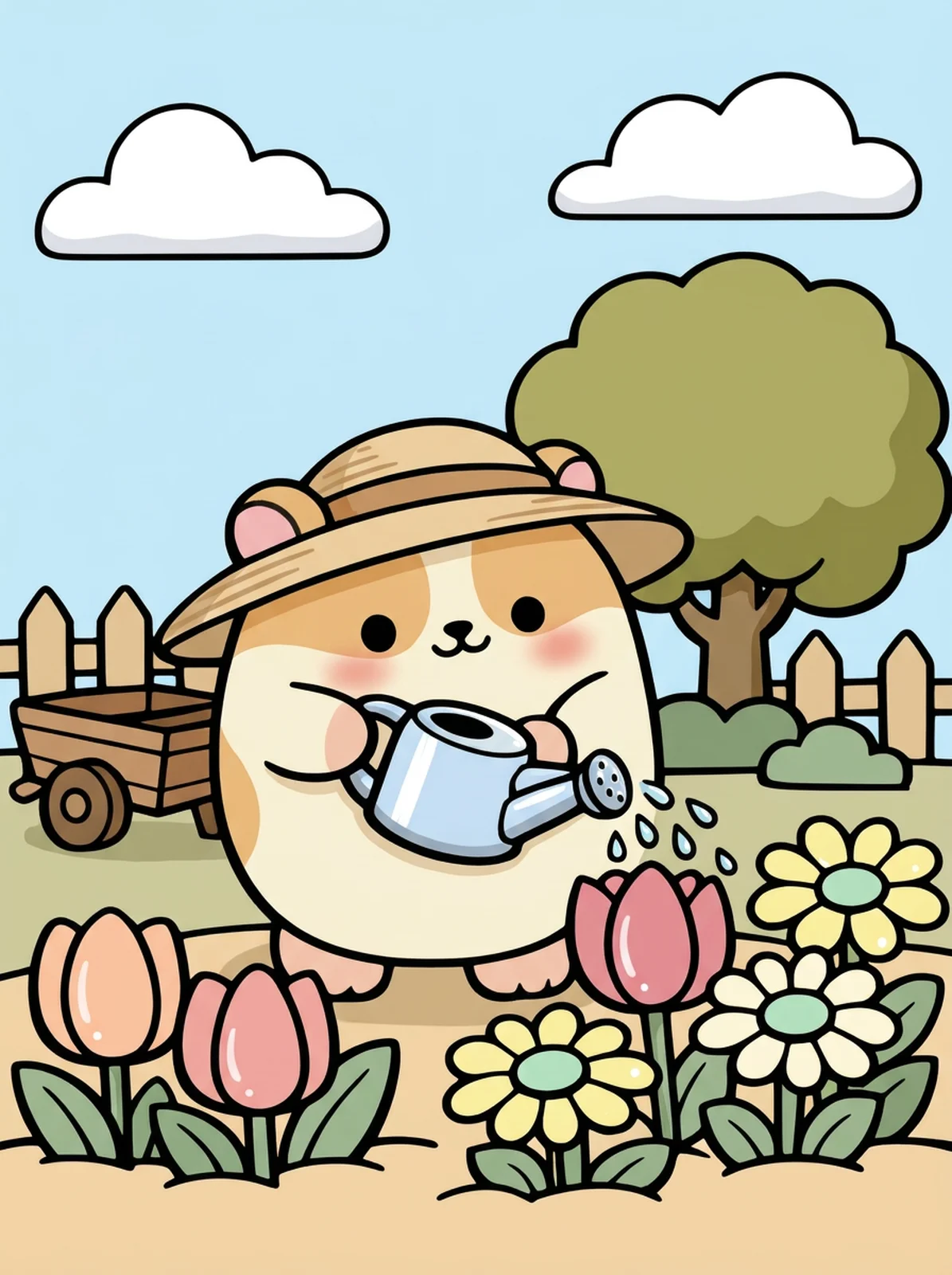 Bear Watering Flowers in the Garden coloring page, colored in