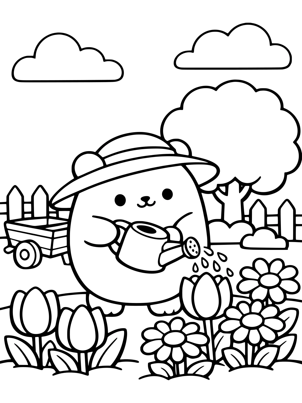 Bear Watering Flowers in the Garden coloring page: a round bear in a sun hat waters big tulips and daisies, beside a small fence, a wheelbarrow and a big round tree, bold and easy line art