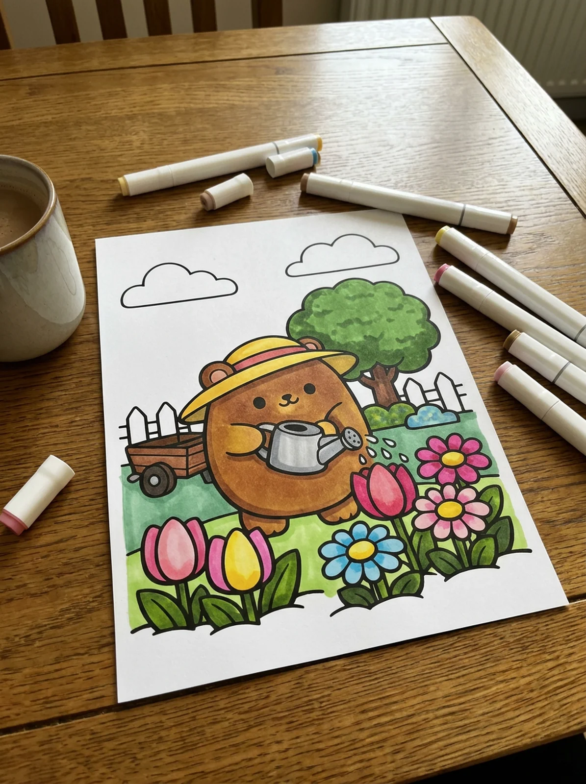 Bear Watering Flowers in the Garden coloring page printed and half colored with markers