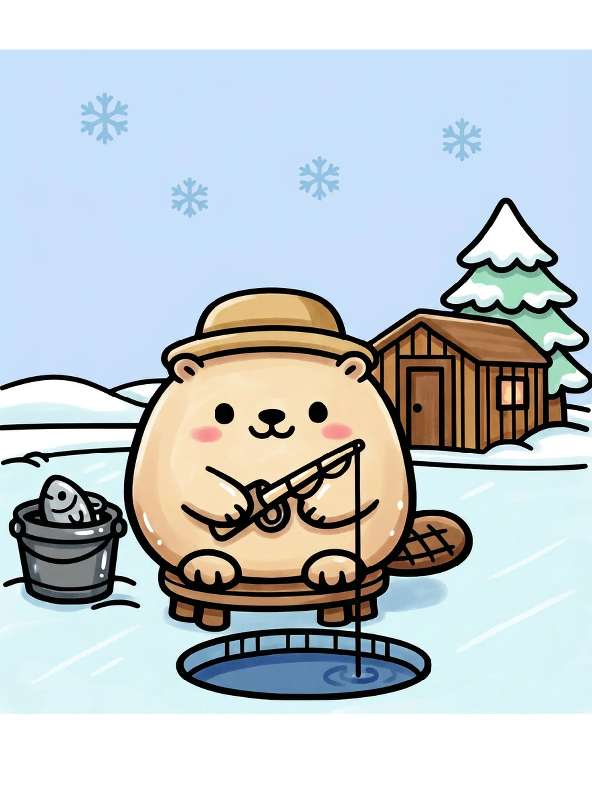 Beaver Ice Fishing by a Little Hut coloring page, colored in