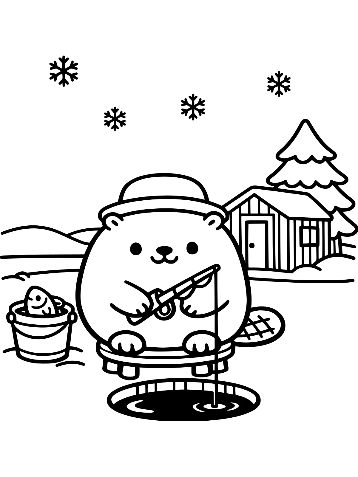Beaver Ice Fishing by a Little Hut coloring page: a round beaver in a hat sits on a stool ice fishing through a round hole, with a bucket, a fish, a wooden hut and a pine tree, bold and easy line art