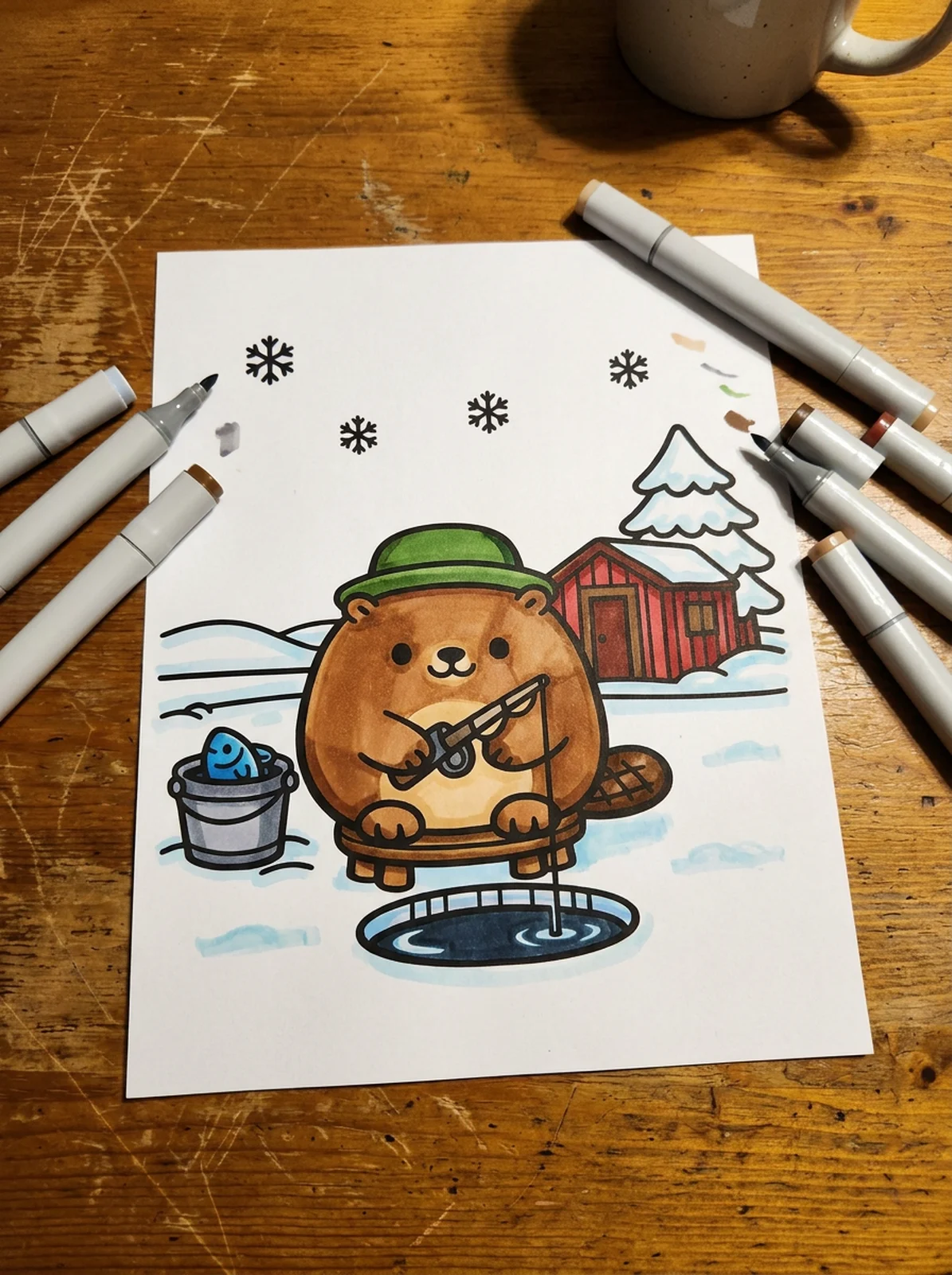 Beaver Ice Fishing by a Little Hut coloring page printed and half colored with markers