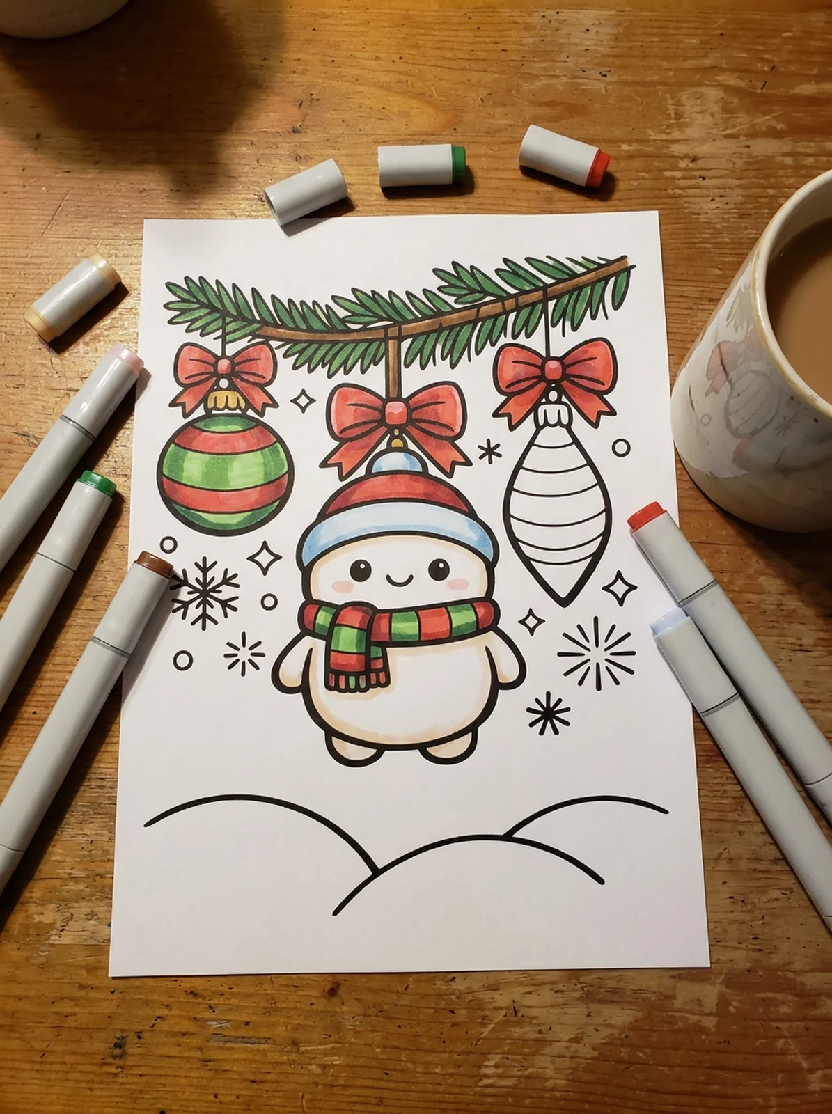 Big Christmas Ornaments with Bows coloring page printed and half colored with markers