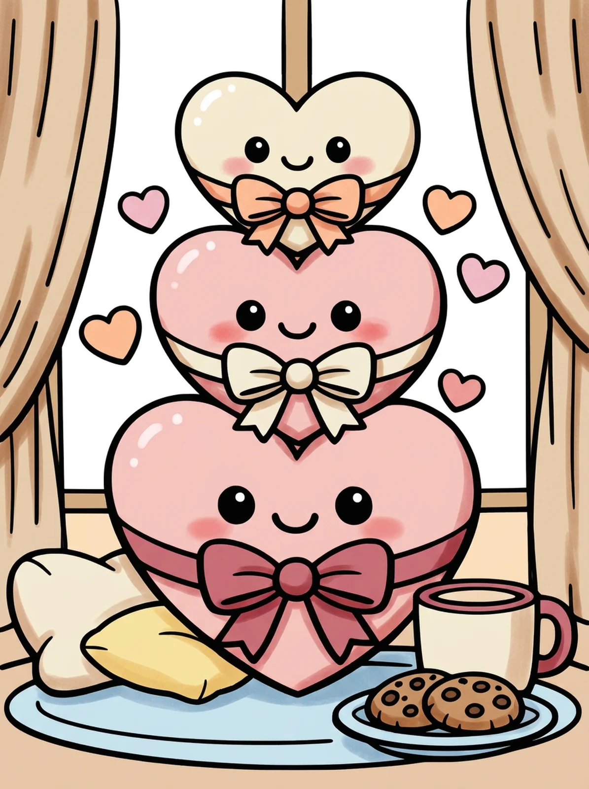 Big Valentine Hearts with Bows coloring page, colored in