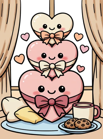 Big Valentine Hearts with Bows coloring page, colored in