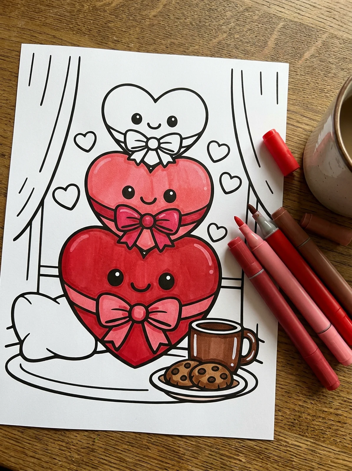 Big Valentine Hearts with Bows coloring page printed and half colored with markers