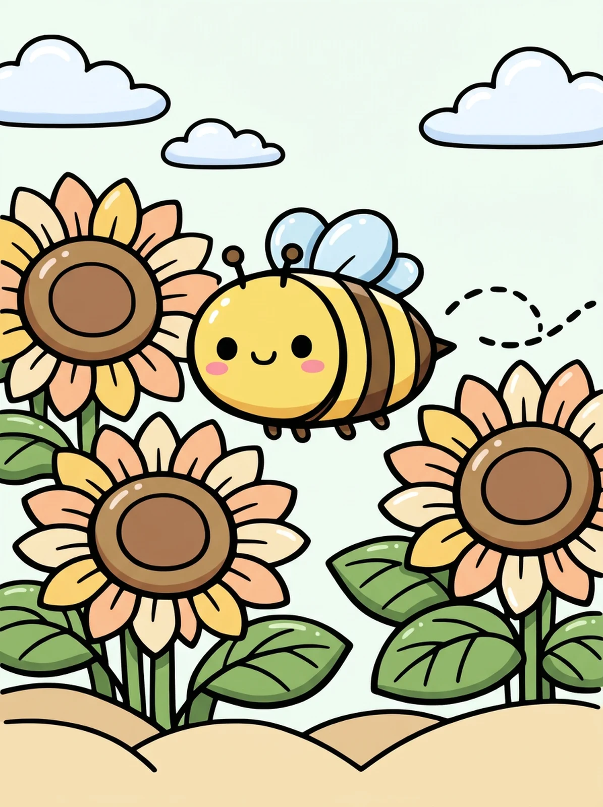 Bumblebee on Big Sunflowers coloring page, colored in