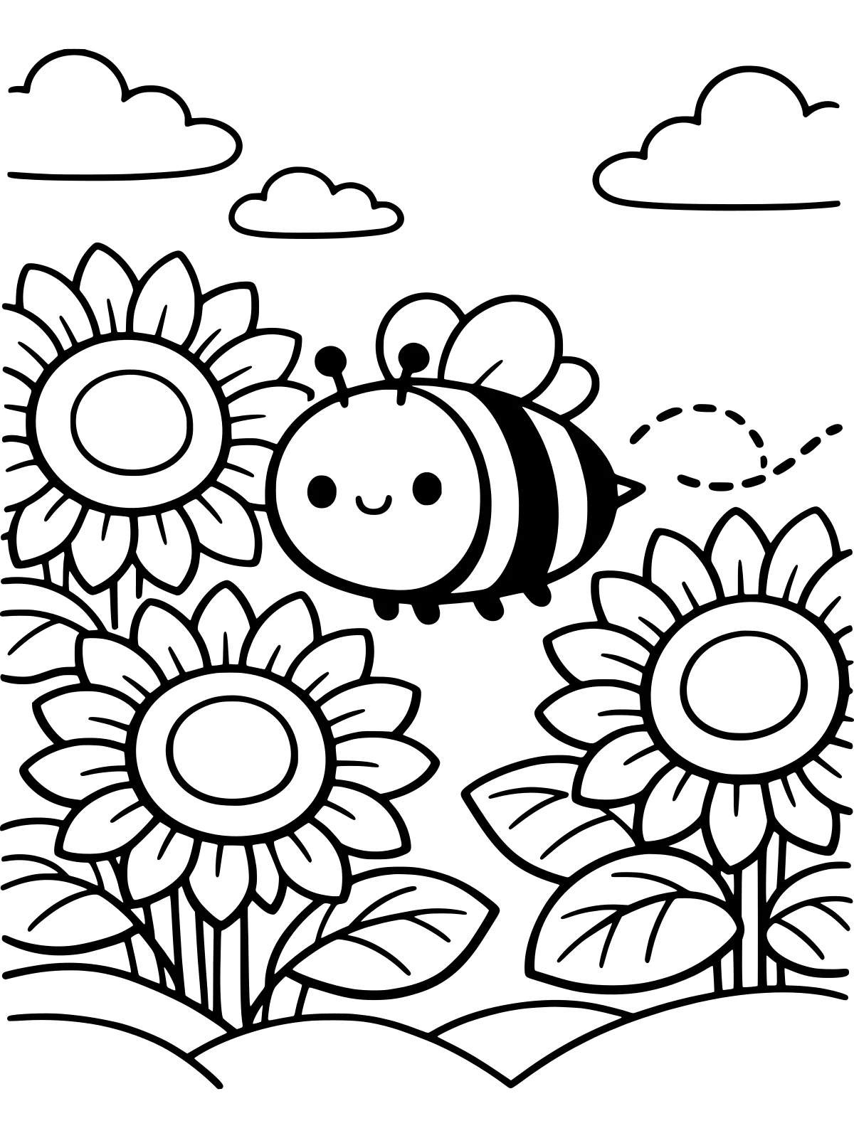 Bumblebee on Big Sunflowers coloring page: a round smiling bumblebee buzzes happily between three tall sunflowers with big round centers and large simple leaves, bold and easy line art