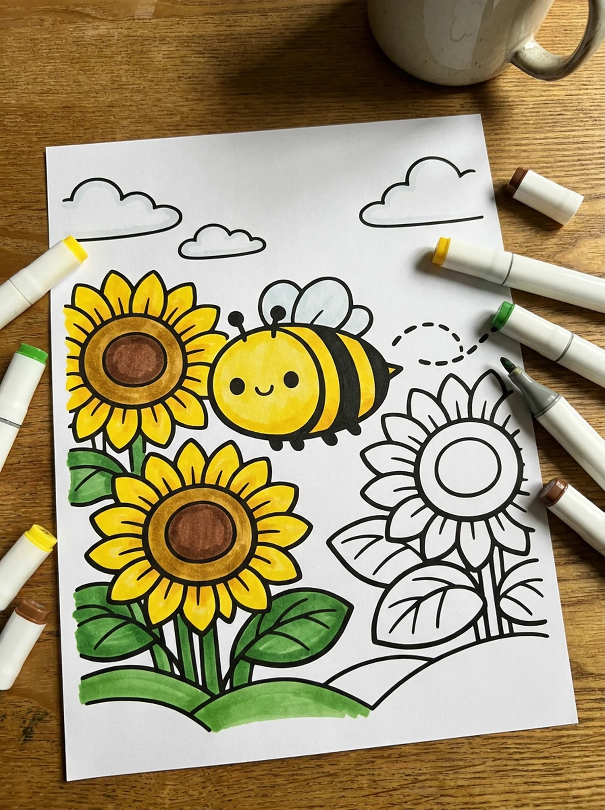 Bumblebee on Big Sunflowers coloring page printed and half colored with markers