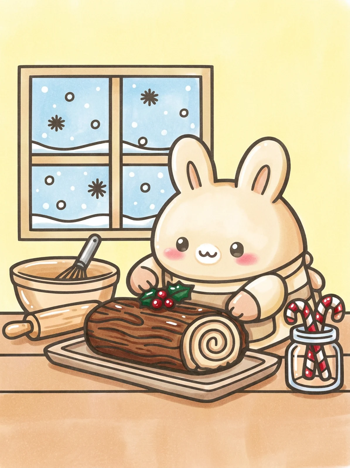 Bunny Baking a Yule Log Cake coloring page, colored in