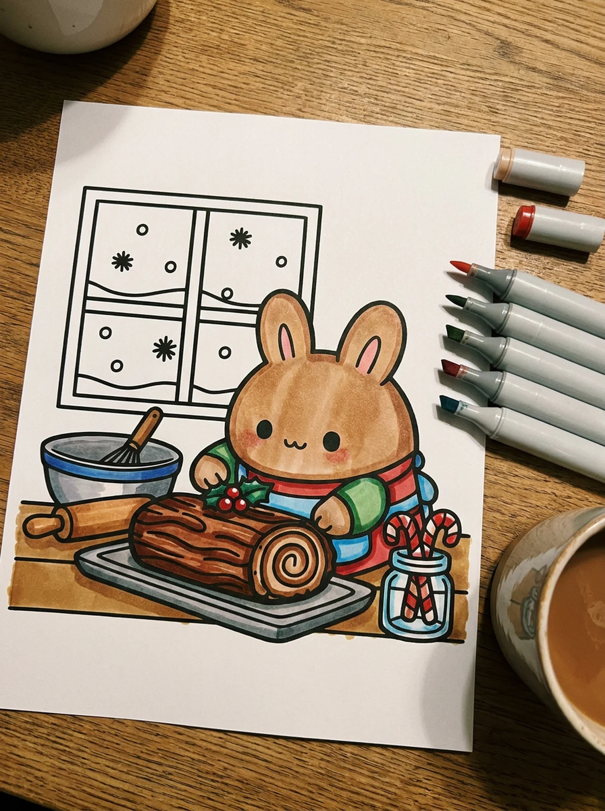 Bunny Baking a Yule Log Cake coloring page printed and half colored with markers