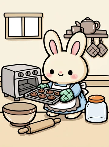 Bunny Baking Cookies coloring page, colored in