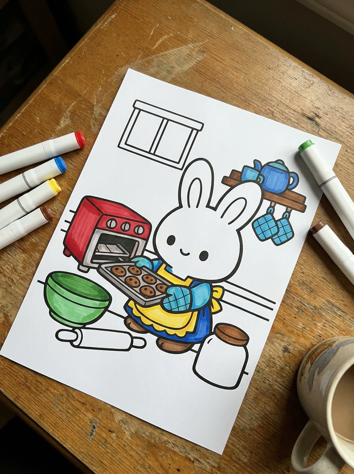 A printed coloring page of a bunny baking cookies, partly colored with markers, on a wooden table