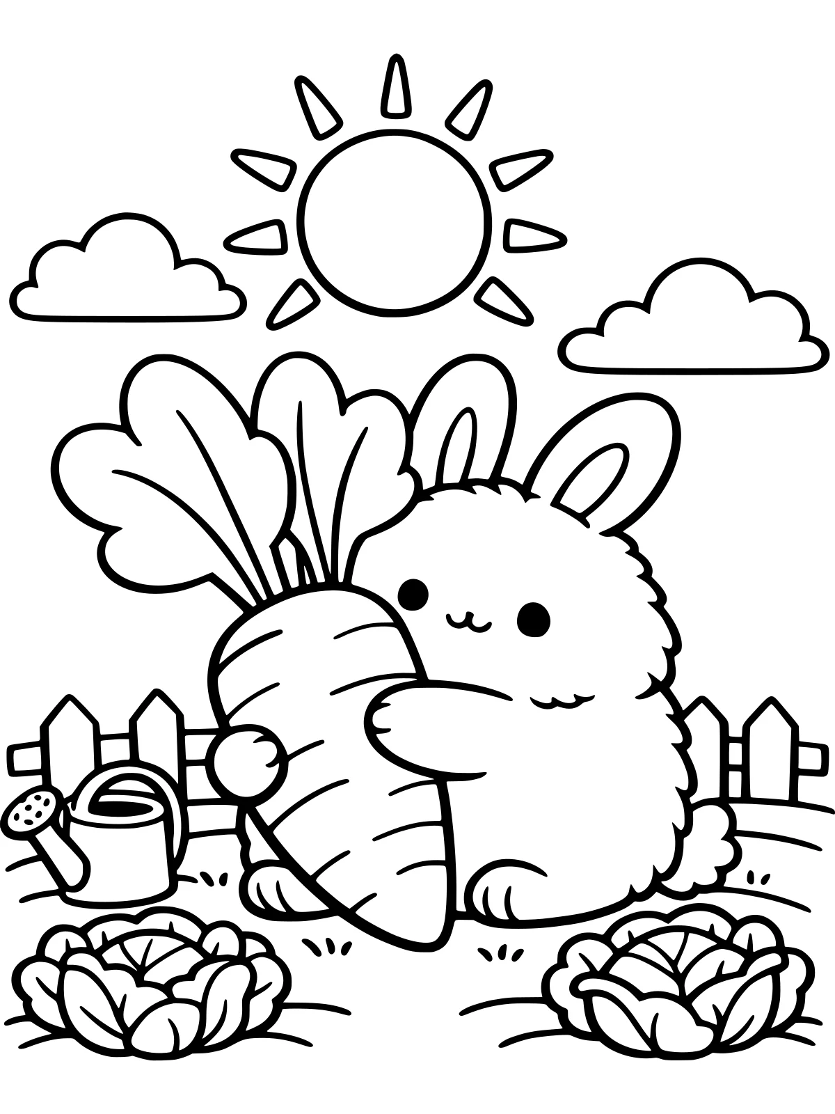 Bunny Hugging a Giant Carrot coloring page: a round fluffy bunny hugs a giant carrot in a vegetable garden with two cabbages, a watering can, a small fence and a big sun, bold and easy line art