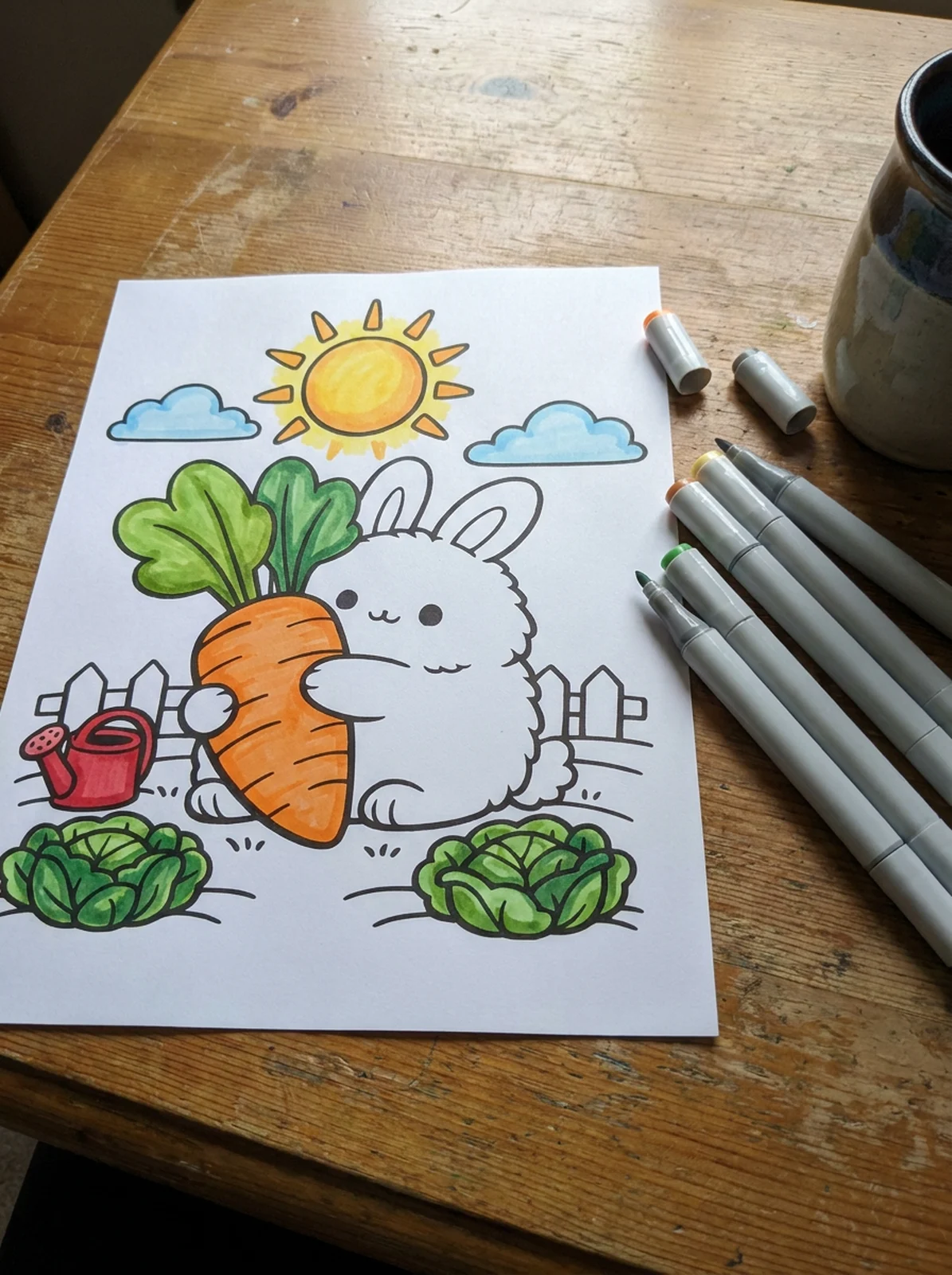 Bunny Hugging a Giant Carrot coloring page printed and half colored with markers
